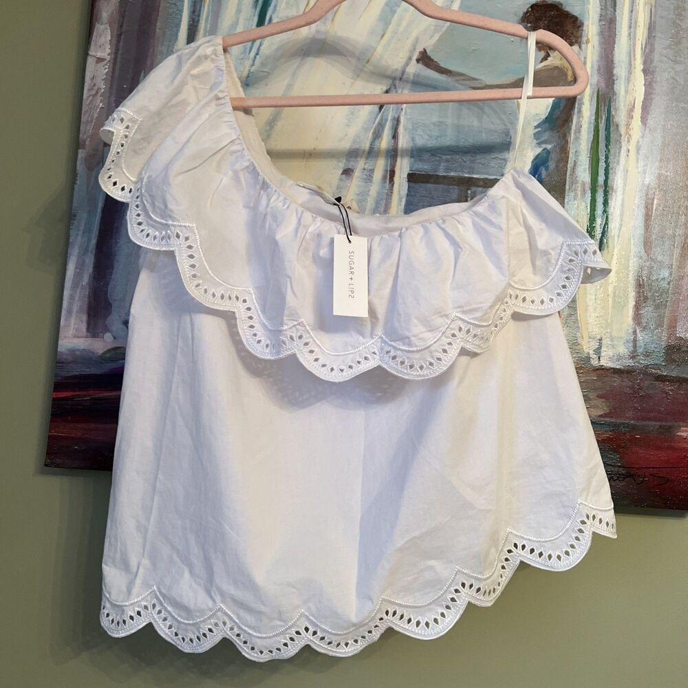 Sugar+Lips Sz L Shirt Boho White Scalloped Embroidered Floral One Shoulder NWT